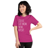 Cat Clothes & Attire - Funny Cat Mom Tee Shirts - Gift Ideas, Presents For Cat Lovers & Owners - Coffee, Cat Mom, Wine, Repeat T-Shirt - Berry