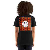Happy Smiley Face Emoji T-Shirt - Cincinnati Football Fanatic Vintage Graphic Shirt: Gift for Him & Her, Football Fans - Game Day Shirt - Black, Women, Back