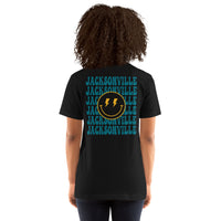 Happy Smiley Face Emoji T-Shirt - Jacksonville Football Fanatic Vintage Graphic Shirt: Gift for Him & Her, Football Fans - Game Day Tee - Black, Women, Back