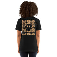 Happy Smiley Face Emoji T-Shirt - New Orleans Football Fanatic Vintage Graphic Shirt: Gift for Him & Her, Football Fans - Game Day Tee - Black, Women, Back
