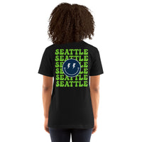 Happy Smiley Face Emoji T-Shirt - Seattle Football Fanatic Vintage Graphic Shirt: Gift for Him & Her, Football Fans - Game Day Shirt - Black, Women, Back