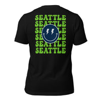 Happy Smiley Face Emoji T-Shirt - Seattle Football Fanatic Vintage Graphic Shirt: Gift for Him & Her, Football Fans - Game Day Shirt - Black, Back