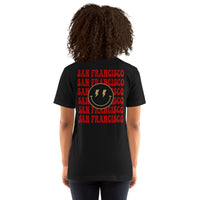 Happy Smiley Face Emoji T-Shirt - San Francisco Football Fanatic Vintage Graphic Shirt: Gift Ideas for Him & Her, Football Fans - Black, Women, Back