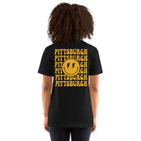 Happy Smiley Face Emoji T-Shirt - Pittsburgh Football Fanatic Vintage Graphic Shirt: Gift for Him & Her, Football Fans - Game Day Shirt - Black, Women, Back