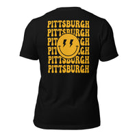 Happy Smiley Face Emoji T-Shirt - Pittsburgh Football Fanatic Vintage Graphic Shirt: Gift for Him & Her, Football Fans - Game Day Shirt - Black, Back