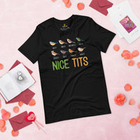 Types of Nice Tits Bird Nerd T-Shirt - Crested, Marsh, Bearded, Willow Tit, Tufted Titmouse Tee for Birdwatcher & Outdoorsy Birder - Black