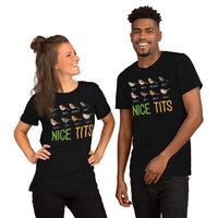 Types of Nice Tits Bird Nerd T-Shirt - Crested, Marsh, Bearded, Willow Tit, Tufted Titmouse Tee for Birdwatcher & Outdoorsy Birder - Black, Unisex