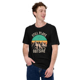 Hiking Retro Sunset Mountain Themed T-Shirt - Gift for Outdoorsy Camper & Hiker, Nature Lover, Wanderlust - Still Plays Outside Shirt - Black