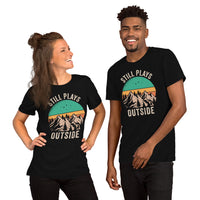 Hiking Retro Sunset Mountain Themed T-Shirt - Gift for Outdoorsy Camper & Hiker, Nature Lover, Wanderlust - Still Plays Outside Shirt - Black, Unisex