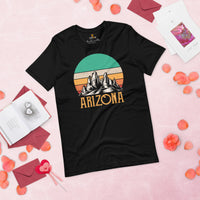 Arizona Retro Sunset Mountain Themed Shirt - Patriotic Hiking Shirt - Ideal Gift for Outdoorsy Camper & Hiker, Nature Lover, Wanderlust - Black