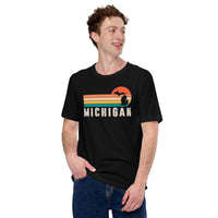 Michigan Map Retro Sunset Aesthetic Shirt - Patriotic Hiking Shirt - Ideal Gift for Outdoorsy Camper & Hiker, Nature Lover, Wanderlust - Black