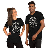Camping Warrior: Campfire, Glamping Tent, Pine Tree & Compass T-Shirt - Camp Vibes Tee - Ideal Gift for Nature & Wilderness Enthusiasts - Black, Unisex