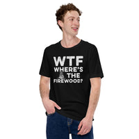 Wilderness Adventure Awaits: WTF Where's The Firewood T-Shirt - Campfire & Happy Camper Shirt - Camping Crew Tee for Glamping Lovers - Black