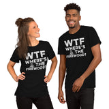 Wilderness Adventure Awaits: WTF Where's The Firewood T-Shirt - Campfire & Happy Camper Shirt - Camping Crew Tee for Glamping Lovers - Black, Unisex