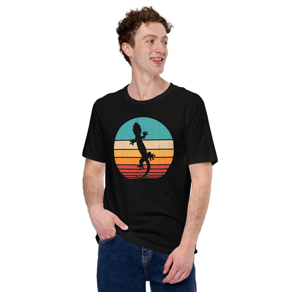 Gecko Retro Sunset Aesthetic T-Shirt - Reptile Addict & Charm Tee - Gift for Lizard Dad/Mom & Pet Owners - Amphibians, Lacertilia Tee - Black
