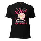 Just A Girl Who Loves Squirrels Floral T-Shirt - Chipmunk, Gerbil, Nutcracker Tee - Gift for Squirrel Mom, Whisperer, Lovers & Feeders - Black