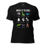 Animals of The World Geeky T-Shirt - Bat, Raccon, Bunny, Snake, Grizzly Bear, Crocodile Cottagecore Shirt - Gift for Wildlife Lovers - Black