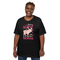 Hunting T-Shirt - Gift for Hunter, Bow Hunter, Archer & Animal Lover - Moose Lover Shirt - Just A Girl Who Loves Moose Floral Shirt - Black, Plus Size