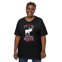 Hunting T-Shirt - Gift for Hunter, Bow Hunter, Archer & Animal Lover - Alaska Moose Lover Shirt - Just A Girl Who Loves Moose Shirt - Black, Plus Size