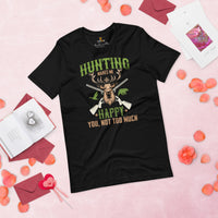 Buck & Deer Hunting T-Shirt - Gift for Hunter, Bow Hunter, Archer & Caribou Animals Lover - Hunting Makes Me Happy Shirt - Black