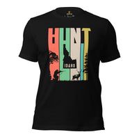 Buck & Deer Hunting T-Shirt - Gift for Hunter, Bow Hunter, Archer - Elk, Shed Antlers Hunting & Idaho Map Retro Aesthetic Shirt - Black