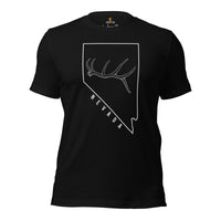 Buck & Deer Hunting T-Shirt - Gift for Hunter, Bow Hunter & Archer - Elk Hunting Season Tee - Buck Antler Nevada Map Themed Shirt - Black