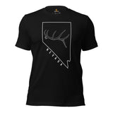 Buck & Deer Hunting T-Shirt - Gift for Hunter, Bow Hunter & Archer - Elk Hunting Season Tee - Buck Antler Nevada Map Themed Shirt - Black