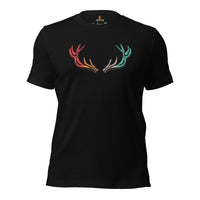 Buck & Deer Hunting T-Shirt - Gift for Hunter, Bow Hunter & Archer - Buck Hunting Season Tee - Shed Antlers Retro Aesthetic Shirt - Black