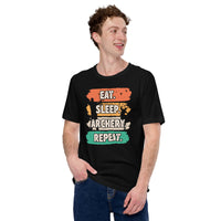 Bow Hunting T-Shirt - Gifts for Hunters, Archers - Deer & Buck Hunting Season Tee - Eat Sleep Archery Repeat 80s Retro Aesthetic Shirt - Black