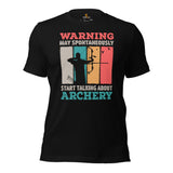 Bow Hunting T-Shirt - Gifts for Hunters, Archers - Duck & Deer Antlers Hunting Season Merch - May Start Talking About Archery Shirt - Black