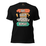 Bow Hunting T-Shirt - Gifts for Hunters, Archers - Deer & Buck Hunting Season Tee - Eat Sleep Archery Repeat 80s Retro Aesthetic Shirt - Black