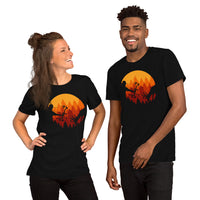 Bow Hunting T-Shirt - Gifts for Hunters, Archers - Buck Antlers Hunting Season Merch - Deer Hunting Retro Sunset Aesthetic Shirt - Black