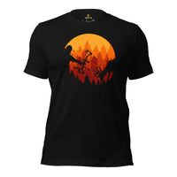 Bow Hunting T-Shirt - Gifts for Hunters, Archers - Buck Antlers Hunting Season Merch - Deer Hunting Retro Sunset Aesthetic Shirt - Black