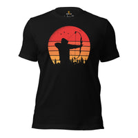 Bow Hunting T-Shirt - Gifts for Hunters, Archers - Buck & Deer Antlers Hunting Season Merch - Archery Retro Sunset Aesthetic Shirt - Black