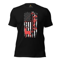 Bow Hunting T-Shirt - Gifts for Bow Hunters & Archers - Buck Antlers Hunting Season Merch - Hunting Deer & Bow & US Flag Themed Shirt - Black