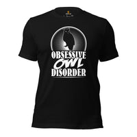 Camping T-Shirt - Presents, Gift Ideas for Bird & Nature Lovers, Birdwatchers, Birders - Woodsy Owl Tee Shirt - Obsessive Owl Disorder Tee - Black
