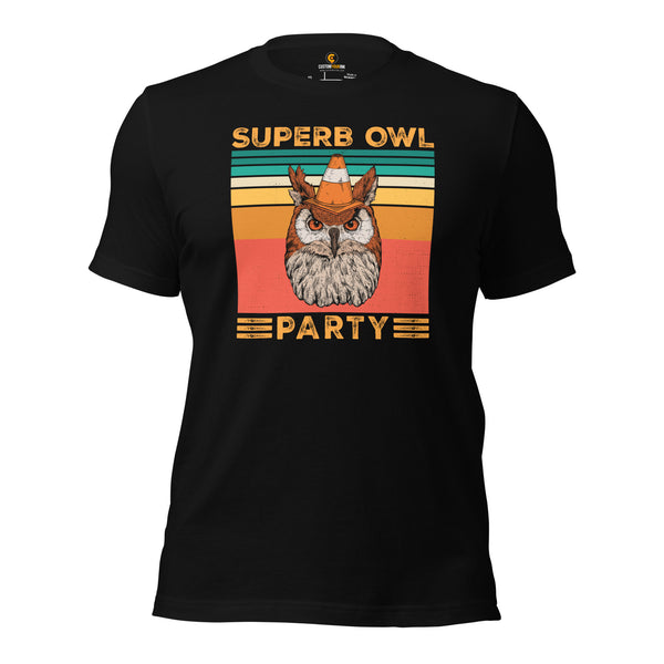 Vintage Owl Aesthetic T-Shirt- Superb Owl Tee - Owl Football Party Shirt - Cottagecore Granola Tee for Outdoorsy Birder, Birdwatcher - Black
