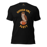 Owl Aesthetic T-Shirt- Superb Owl Football Party Shirt - Cottagecore Granola Tee for Outdoorsy Birder, Birdwatcher, Football Lovers - Black