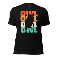 Retro Owl Rainbow Indie Aesthetic T-Shirt- Light Academia Cottagecore Granola Tee for Outdoorsy Birder, Birdwatcher & Ornithologist - Black