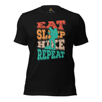 Hiking Boho T-Shirt - Eat Sleep Hike Repeat Vintage Aesthetic T-Shirt - Granola Tee for Nature Lovers, Campers & Hikers, Geocacher - Black