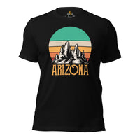 Arizona Retro Sunset Mountain Themed Shirt - Patriotic Hiking Shirt - Ideal Gift for Outdoorsy Camper & Hiker, Nature Lover, Wanderlust - Black