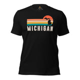 Michigan Map Retro Sunset Aesthetic Shirt - Patriotic Hiking Shirt - Ideal Gift for Outdoorsy Camper & Hiker, Nature Lover, Wanderlust - Black