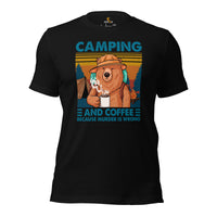 Smokey The Bear Camping & Coffee Because Murder Is Wrong Shirt - Campfire & Bonfire Glamping Crew/Squad Tee - Gift for Nature Lover - Black