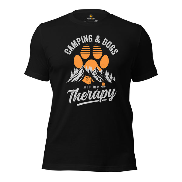 Camping and Dogs Therapy: Happy Dog Lover's Campfire T-Shirt - Purr-fect Gift for Dog Mom & Dad, Nature & Wilderness Adventure Lovers - Black