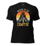 Adventure Awaits with Bonfire & Nature Vibes - Master of The Campfire T-Shirt - Campsite Vibes Tee for Glamping Lover, Camping Crew - Black