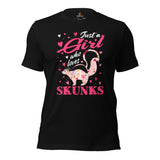 Skunk T-Shirt - Fart Squirrel Shirt - Woodland Animal Tee - Just A Girl Who Loves Skunks Floral Shirt - Gift for Skunk & Animal Lovers - Black