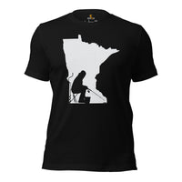 Ice Fishing & PFG T-Shirt - Gift for Fisherman - Performance Fishing Gear - Funny Fishing Tee - Ice Fishing Minnesota Map Themed Shirt - Black