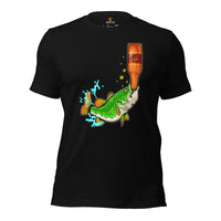 Fishing & PFG T-Shirt - Gift for Fisherman & Beer Lovers - Funny Bass Drinking Beer Sarcastic Geeky Shirt - Flying Fishing Shirt - Black