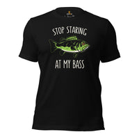 Fishing & PFG T-Shirt - Gift for Fisherman - Bass Masters & Pros Shirt - MLF Flying Fishing Shirt - Stop Starring At My Bass Shirt - Black