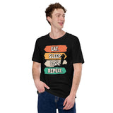 Fly-Fishing & PFG T-Shirt - Gift for Fisherman - Bass Masters & Pros Shirt - Eat Sleep Fish Repeat 80s Retro Aesthetic Shirt - Black